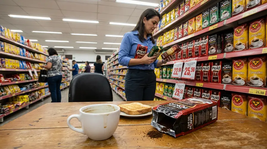 Uma mesa de café da manhã simples com o pacote de café ao lado de uma xícara pela metade, etiqueta de preço visível em um mercado e um consumidor comparando marcas na prateleira, para ilustrar a decisão de comprar menos ou trocar de opção.