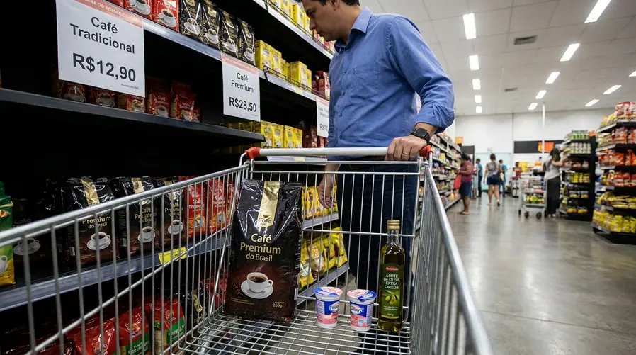 Uma cena de carrinho de supermercado brasileiro com poucos itens básicos, destacando um pacote de café mais caro, potes de iogurte e uma garrafa de azeite, com o consumidor olhando a prateleira de preços e comparando marcas mais baratas.