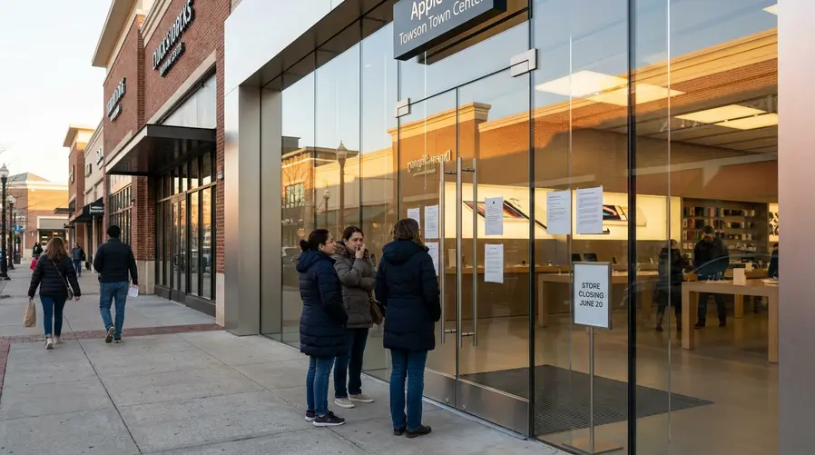 A fachada da Apple Store de Towson com a entrada principal e sinais de movimento local, destacando o ponto de atendimento que vai encerrar as atividades e sugerindo a perda de um local de apoio presencial para clientes da região.