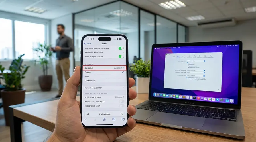 Captura de tela de um iPhone mostrando as configurações do Safari com a opção de mecanismo de busca destacada, junto de um MacBook ao fundo com a janela de configurações aberta, reforçando a ideia de que a mudança está escondida nas preferências do navegador.
