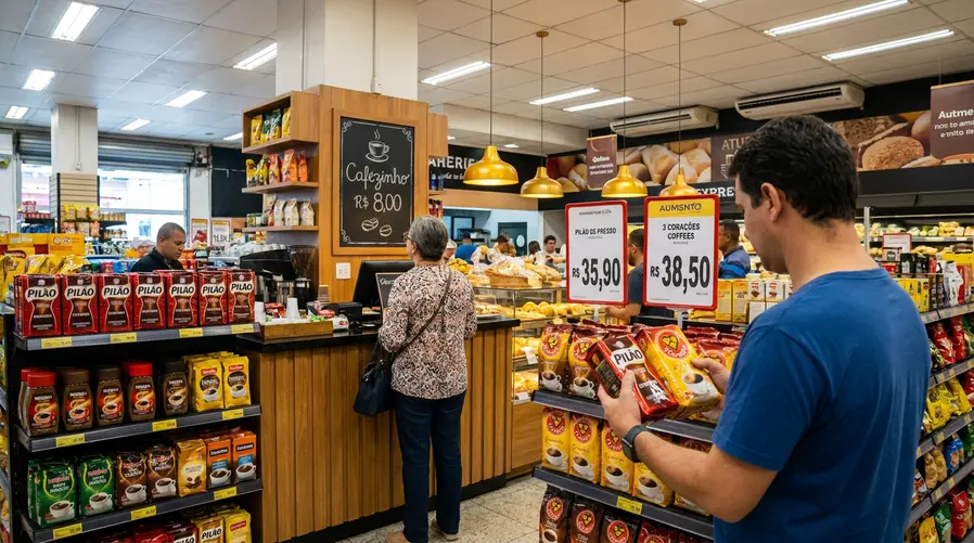 Uma cena de supermercado ou padaria mostrando prateleira de café com diferentes marcas e etiquetas de preço visivelmente altas, ao lado de uma pessoa comparando pacotes ou olhando o preço do cafezinho no balcão.