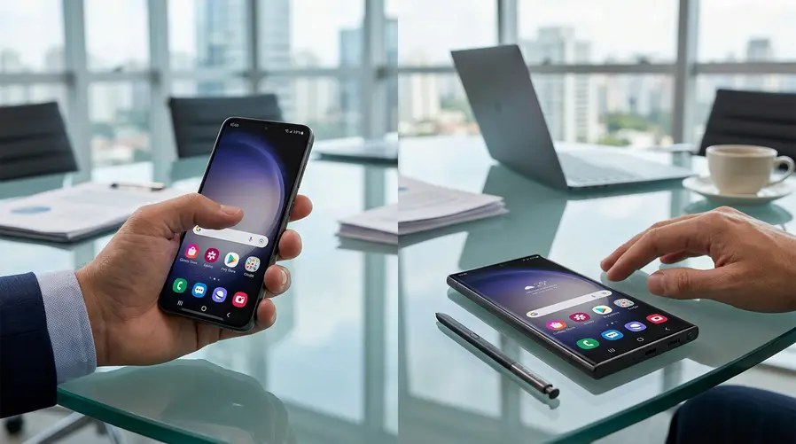 Uma comparação lado a lado mostrando um Galaxy S27 Pro menor na mão de uma pessoa e, ao lado, o S27 Ultra maior com caneta S Pen destacada fora do corpo do aparelho, para evidenciar diferença de tamanho, pegada e ausência da caneta no Pro.