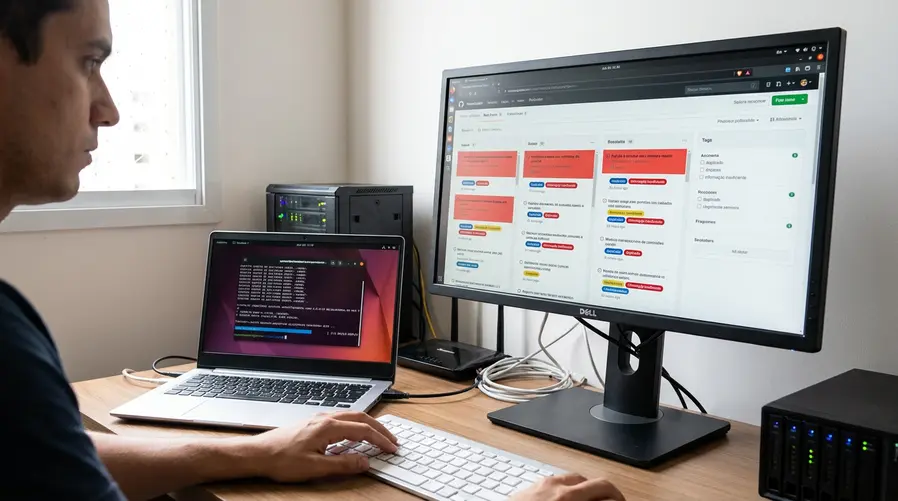 Uma tela de desktop com Linux exibindo um painel de relatórios de bugs, com vários chamados destacados em vermelho e alguns marcados como ‘duplicado’ ou ‘informação insuficiente’, ao lado de um usuário em casa usando notebook e tentando atualizar o sistema.