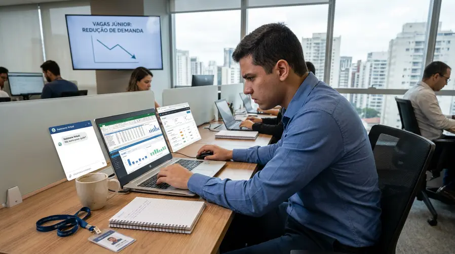 Um jovem brasileiro olhando para um notebook com abas de chatbot, planilha e painel de atendimento abertas ao mesmo tempo, enquanto ao fundo aparecem notificações de vaga júnior e um gráfico simples indicando queda de demanda por tarefas repetitivas; a imagem deve sugerir pressão sobre empregos de entrada, não um cenário futurista genérico.