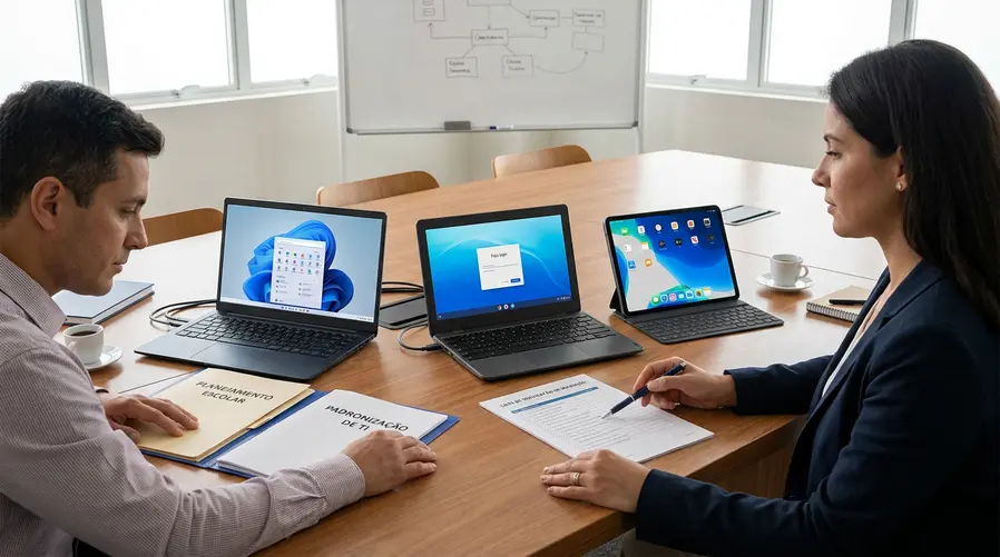 Uma mesa de reunião escolar com três dispositivos lado a lado — um notebook com Windows, um Chromebook e um iPad ou MacBook — enquanto um gestor aponta para um checklist de migração, para ilustrar a comparação entre os caminhos e o peso da padronização.
