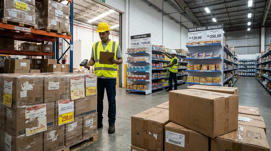 Uma cena de estoque em depósito com caixas empilhadas e etiquetas de preço em alguns produtos, mostrando visualmente a ideia de mercadorias guardadas antes das tarifas e a transição para prateleiras com preços já reajustados.