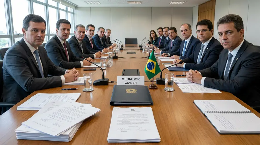 Uma imagem de uma mesa de negociação com representantes da empresa, do sindicato e um símbolo discreto do governo ao centro, com documentos, microfones e expressão de tensão; o foco deve ser a reunião de mediação e o clima de impasse, não produtos ou publicidade da Samsung.