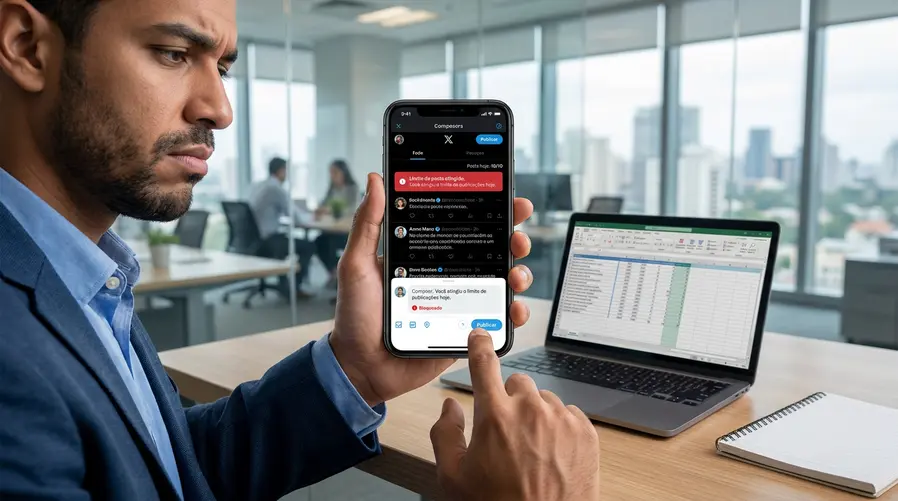 Uma captura de tela ou mockup de feed do X em celular, mostrando claramente a mensagem de limite de posts atingido para conta gratuita, ao lado de um contador de publicações do dia e de um exemplo de usuário tentando postar de novo. A imagem deve reforçar a sensação de 'bateu no teto' no uso cotidiano.