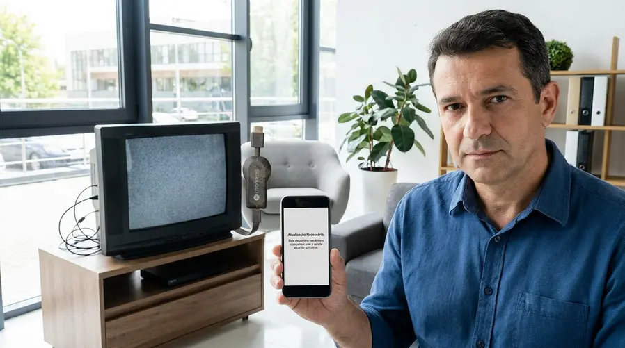 Uma TV de sala com um Chromecast antigo conectado na porta HDMI, acompanhada de um celular exibindo um aviso de atualização ausente ou incompatibilidade com apps de streaming, para ilustrar a perda prática de suporte naquela seção.