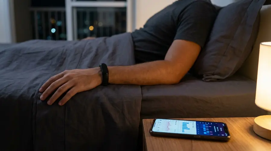 Close de uma pessoa dormindo com um relógio/bracelete de saúde no pulso, enquanto ao lado aparece o app no celular mostrando gráficos de sono, passos e batimentos ao longo de vários dias, destacando que o aparelho continuou registrando dados sem precisar ser recarregado toda noite.