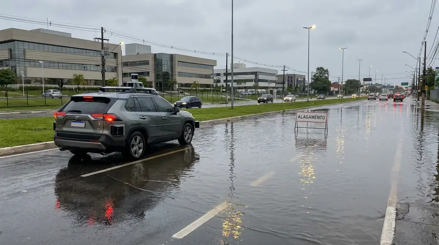 Um veículo autônomo parado ou hesitando diante de uma rua alagada, com água cobrindo parte da via, reflexos de postes e carros ao fundo, e sinalização de trânsito parcialmente submersa, para ilustrar o problema prático enfrentado em deslocamentos reais.