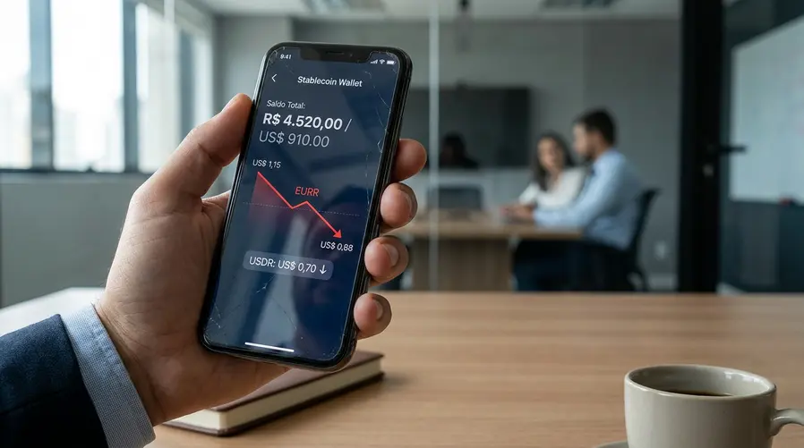 Um gráfico simples de linha mostrando a EURR saindo da faixa de US$ 1,15 e caindo para US$ 0,88, com o USDR marcado em US$ 0,70 ao lado, sobreposto a uma tela de celular com saldo em stablecoin para deixar claro o impacto imediato no valor do que o usuário pensa estar “parado”.