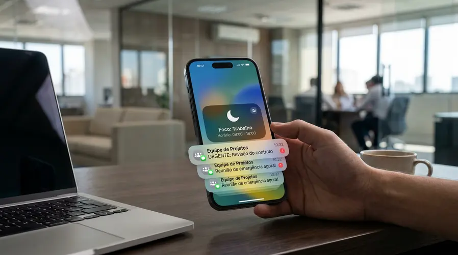 Uma tela de iPhone com o modo Foco ativado e várias notificações empilhadas de um grupo de mensagens, mostrando ao mesmo tempo um horário de trabalho ou descanso. A imagem deve destacar que, apesar do filtro ligado, a conversa em grupo ainda atravessa a barreira e interrompe o usuário.