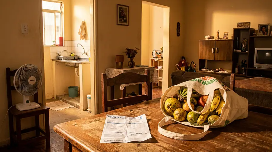 Uma imagem mostrando uma casa brasileira em um dia de calor forte, com conta de luz sobre a mesa, frutas e verduras em uma sacola de supermercado ao lado e uma torneira pingando ao fundo; a cena deve reforçar como o Super El Niño pode afetar preço de alimentos, consumo de energia e disponibilidade de água no dia a dia.