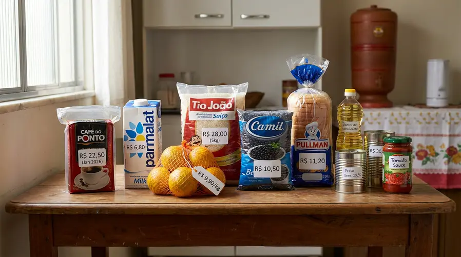 Uma mesa de cozinha com compras do mercado lado a lado: um pacote de café, leite, frutas e itens básicos com etiquetas de preços visíveis, sugerindo comparação entre produtos que subiram, desaceleraram ou ficaram mais vantajosos no início de 2026.