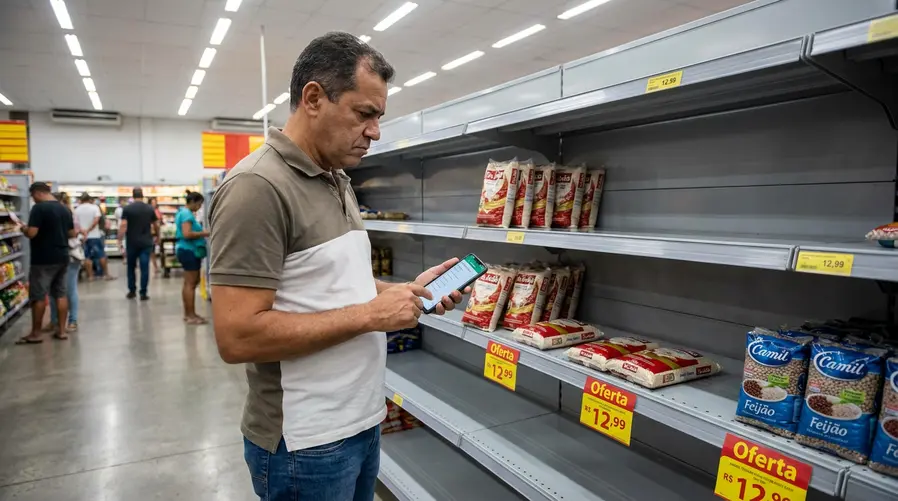Foto de corredor de supermercado com uma prateleira parcialmente vazia, poucas unidades de um mesmo produto lado a lado com etiquetas de preço visíveis, e um consumidor olhando a gôndola com expressão de dúvida, segurando uma lista de compras no celular.