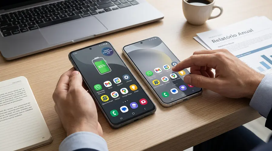 Foto comparando um Galaxy A recente com um Galaxy S26 base lado a lado em uso cotidiano, mostrando tela com apps comuns, bateria grande destacada na interface e selos visuais de atualização longa e recursos de IA, para reforçar que o modelo mais barato já entrega boa parte do que o consumidor realmente usa.