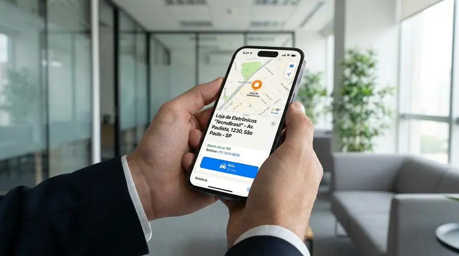 Uma captura de tela do Apple Maps mostrando uma ficha de empresa com endereço, horário de funcionamento, telefone e rota, para ilustrar como dados centralizados melhoram a informação que o usuário vê no iPhone.