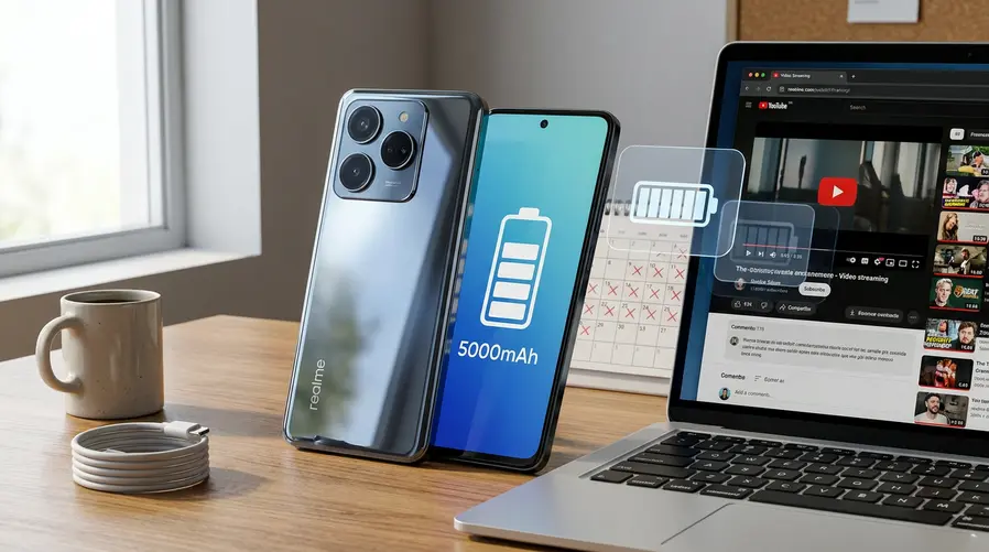 Um close do celular da linha Realme 16 exibido ao lado de elementos visuais que reforcem autonomia, como ícones de dia inteiro de uso, streaming e bateria cheia; se houver material oficial, mostrar o aparelho de frente destacando a traseira e o módulo de câmera, com foco na promessa de bateria grande da seção.
