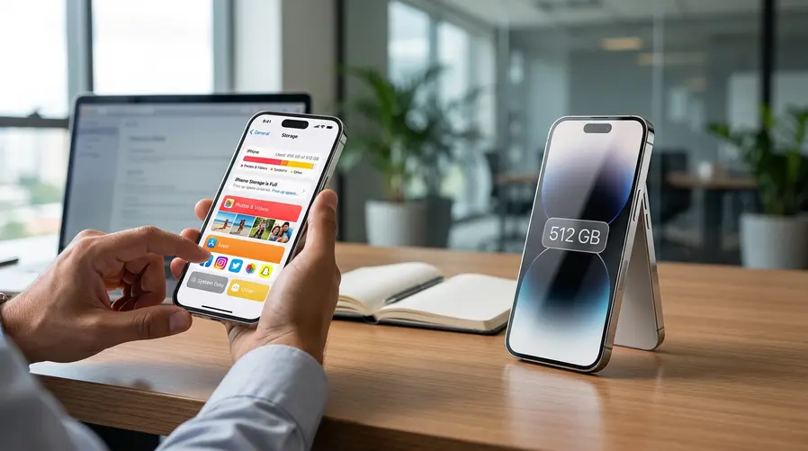 Uma imagem mostrando a tela de armazenamento de um iPhone com muito espaço ocupado por fotos e vídeos, ao lado de um visual do aparelho em destaque com indicação de 512 GB, para ilustrar por que essa capacidade faz diferença para quem usa bastante câmera e apps pesados.