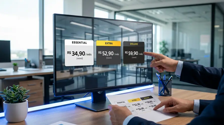 Uma captura visual clara com os três planos do PlayStation Plus lado a lado, mostrando os nomes Essential, Extra e Deluxe e seus novos preços em reais, com destaque para os valores reajustados no Brasil.