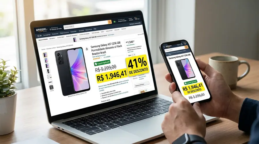 Print da página da Amazon mostrando o Galaxy A57 (256 GB), o preço original riscado, o cupom aplicado e o valor final com destaque visual para a porcentagem de desconto de 41%.