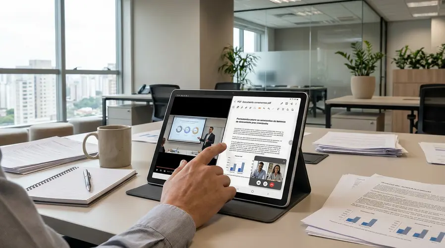 Foto do Galaxy Tab S10 FE em uso sobre uma mesa brasileira comum, com alguém assistindo a streaming, lendo um PDF ou participando de videochamada na tela grande; a imagem deve reforçar o uso prático do tablet no dia a dia, não apenas o produto isolado.