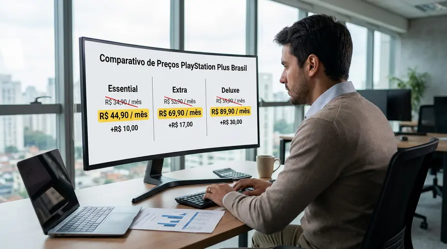 Um comparativo visual com três cartões ou colunas mostrando os planos Essential, Extra e Deluxe lado a lado, cada um com o preço antigo riscado e o novo valor em destaque, em um layout que deixe claro quanto cada assinatura subiu no Brasil.