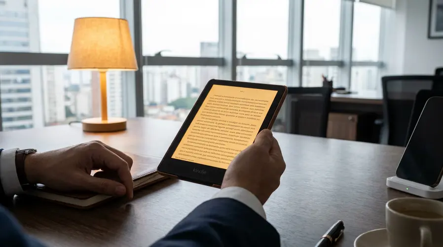 Uma imagem close do Kindle Paperwhite Signature Edition em uso, mostrando a tela com leitura confortável, ao lado de elementos que remetam aos extras do modelo premium — como iluminação ajustável ou carregamento sem fio sugerido por um acessório discreto — para reforçar que a seção compara os recursos que diferenciam a versão Signature das demais.