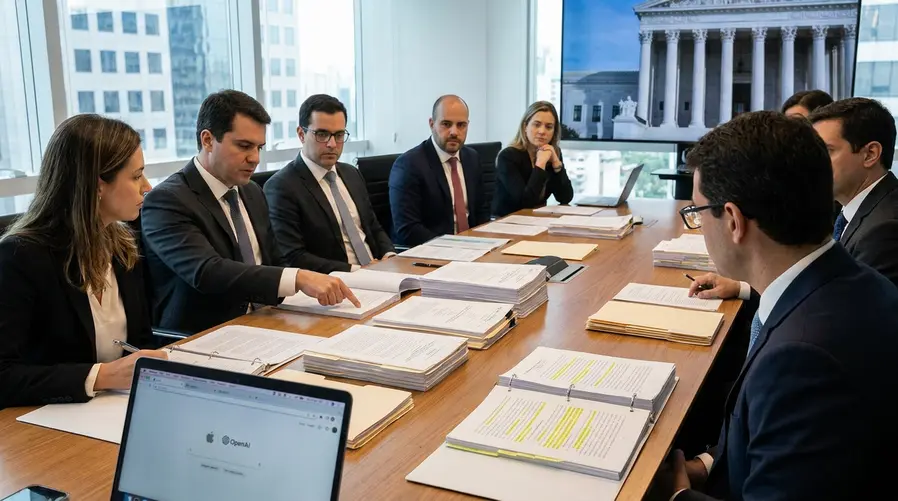 Uma imagem mostrando, de forma jornalística, a fachada de um tribunal nos EUA ao lado de elementos discretos de Apple e OpenAI, como logos em telas ou documentos sobre uma mesa, para ilustrar a disputa jurídica específica entre as empresas e seus executivos.