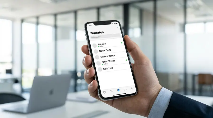 Uma captura conceitual da interface do WhatsApp mostrando uma lista centralizada de contatos com o indicador 'online' ao lado de alguns nomes, em uma tela de smartphone, para ilustrar a ideia de reunir quem está disponível em um único lugar.