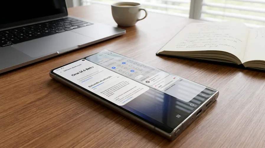 Uma captura de tela de um celular Galaxy mostrando a tela de atualização da One UI beta e, ao lado ou em detalhe, elementos da interface que exemplifiquem mudanças no dia a dia, como painel de configurações rápidas, notificações e barra de navegação, para ilustrar as melhorias percebidas pelo usuário.