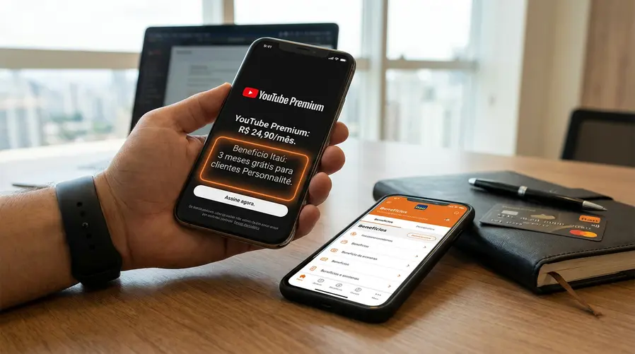 Tela de um smartphone mostrando a interface de assinatura do YouTube Premium ao lado do app do Itaú aberto, com destaque visual para a área onde aparece o benefício ou condição especial, sugerindo a comparação entre o preço normal e a liberação pelo banco.