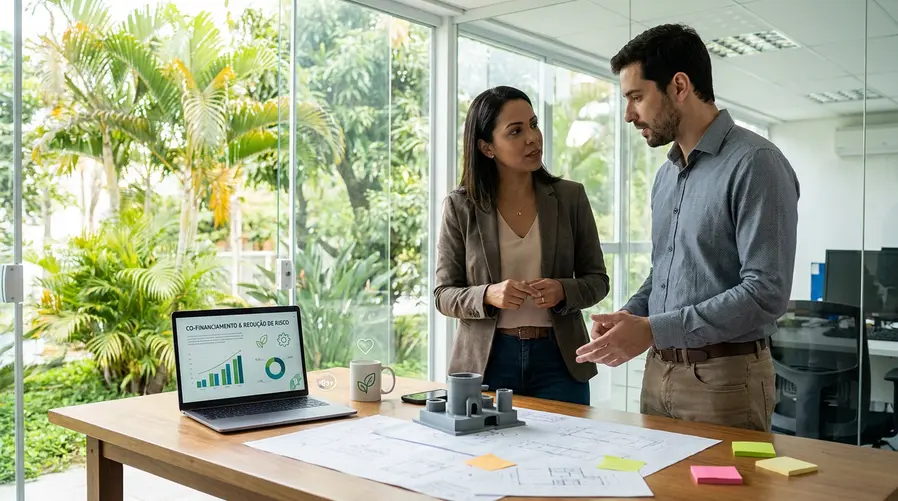 Uma arte mostrando uma empresa brasileira em desenvolvimento de tecnologia: mesa com protótipo, notebook aberto com gráficos de projeto, um pesquisador e uma empreendedora discutindo ao lado de ícones discretos de saúde, app e energia limpa. A imagem deve reforçar a ideia de cofinanciamento que reduz risco e acelera a inovação, sem parecer anúncio de marca.