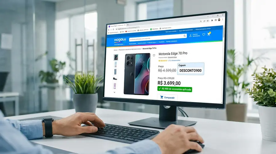 Print da página do produto no Magalu mostrando claramente o preço original riscado, o valor com desconto aplicado pelo cupom e o destaque visual da economia de R$ 900, de preferência com a área do cupom e do preço final visíveis.