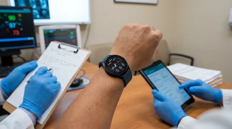 Um close do Galaxy Watch8 no pulso de uma pessoa em ambiente clínico, com elementos visuais discretos de acompanhamento de saúde ao redor, destacando especificamente os tipos de dados citados na seção: bioimpedância/composição corporal, batimentos cardíacos e atividade física. A imagem deve remeter a monitoramento real, não a propaganda do produto.