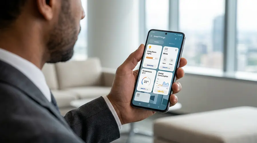 Uma tela de smartphone aberta no SmartThings mostrando cartões de controle de uma casa automatizada, com botões para luz da sala, persianas, temperatura e consumo de energia, ao lado de ícones discretos representando dispositivos de marcas diferentes integrados no mesmo painel.