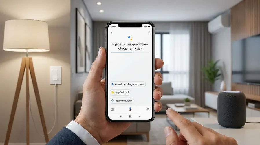 Uma captura de tela do app Google Home em um celular mostrando a criação de uma automação em linguagem natural, com um campo de texto onde o usuário escreve algo como 'ligar as luzes quando eu chegar em casa' e sugestões abaixo; ao fundo, elementos discretos de uma casa conectada para reforçar que a seção fala de automação fácil de usar.