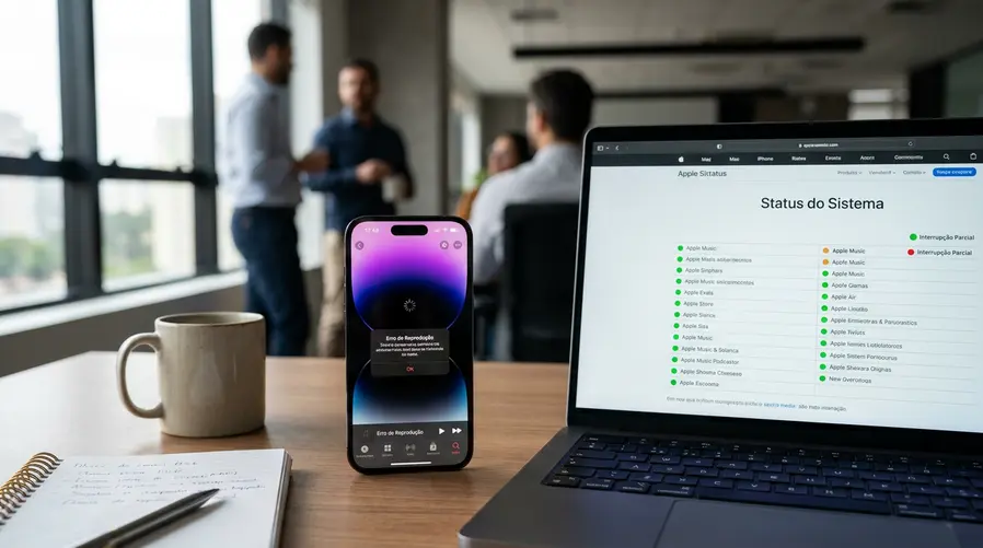 A tela do iPhone com o app Apple Music aberto tentando carregar uma música ou exibindo erro de reprodução, ao lado de um recorte da página de Status do Sistema da Apple mostrando a interrupção parcial.