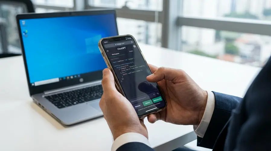 Mostrar a tela do app do ChatGPT no celular com a área do Codex aberta, destacando uma tarefa em andamento e botões de ação como retomar, aprovar ou redirecionar. A imagem deve sugerir claramente que o usuário está controlando um trabalho no computador diretamente do smartphone.