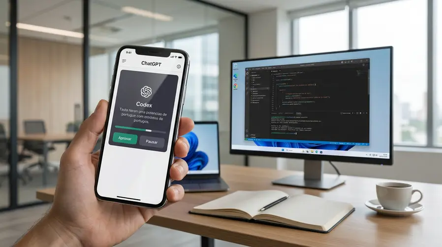 Um celular com o app do ChatGPT aberto mostrando uma tarefa do Codex em andamento, com um status de progresso, botões de aprovar/pausar e uma indicação clara de que o trabalho está sendo executado em um computador com Windows ao fundo, em segundo plano, como se o telefone estivesse controlando a atividade remotamente.