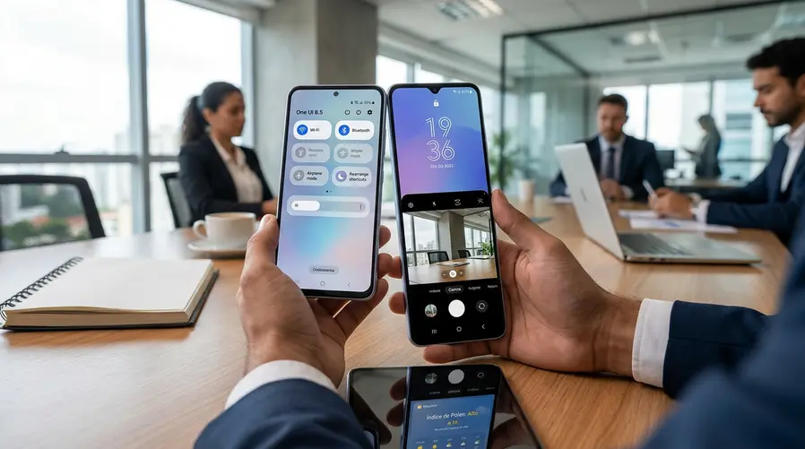 Uma captura de tela do Galaxy A17 5G mostrando a interface da One UI 8.5 no uso real: painel rápido aberto com botões personalizáveis, tela de bloqueio com relógio estilizado e, em destaque menor, a câmera com filtros ou o app Clima exibindo o índice de pólen. A imagem deve ajudar o leitor a visualizar as mudanças práticas na interface.