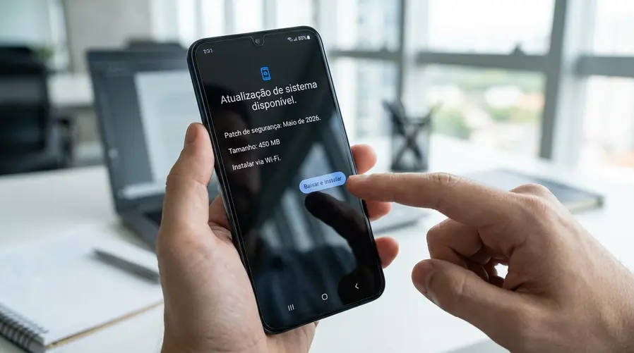 Tela de um Galaxy A54 exibindo o aviso de atualização do sistema com o texto de patch de segurança de maio de 2026, bateria em nível alto e opção de instalar via Wi‑Fi, destacando a área onde o usuário confirma o download.