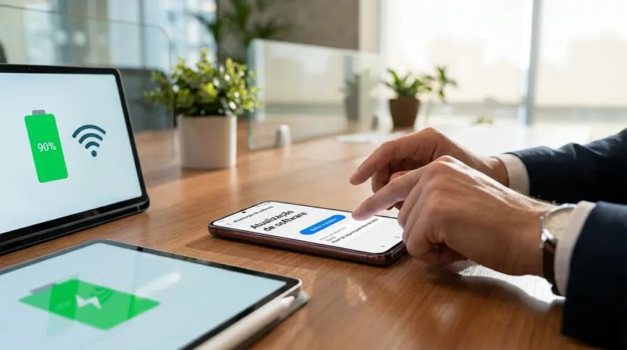 Tela de um Galaxy S22 aberta na área de atualização de software, com o botão de baixar e instalar em destaque, ao lado de um ícone de bateria alta e um símbolo de Wi-Fi, para ilustrar as orientações práticas antes de atualizar.