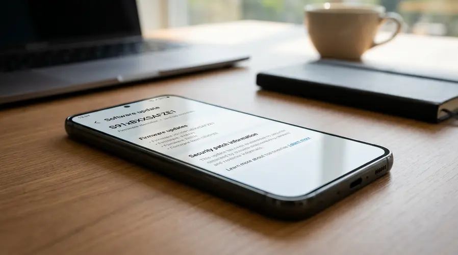 Uma captura ou foto que mostre a tela de atualização do Galaxy S23 com a identificação do firmware S91xBXXSAFZE1 e a área de informações do patch de segurança, para ilustrar a ideia de uma atualização técnica que também pode trazer correções extras.