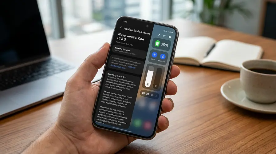 Uma captura de tela do painel de atualização da Samsung em um Galaxy S26, mostrando a notificação de nova versão da One UI 8.5 e, ao lado, a interface do aparelho com elementos que o leitor reconhece no dia a dia, como bateria, configurações rápidas e ícones de sistema, para reforçar que a seção fala de melhorias práticas no uso real.