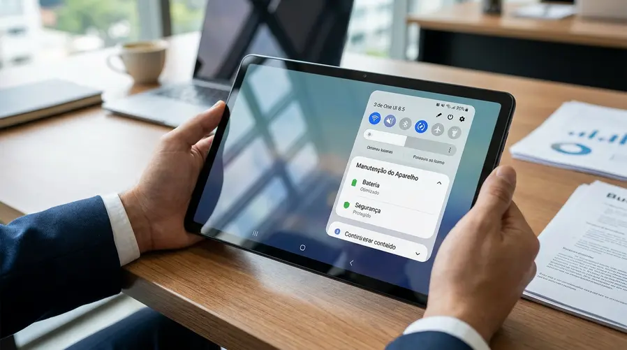 Um close da tela do Galaxy Tab A11 mostrando a interface da One UI 8.5 com o Painel Rápido aberto, ícones redesenhados e um cartão de bateria/segurança no Device Care, para evidenciar as mudanças práticas da atualização.