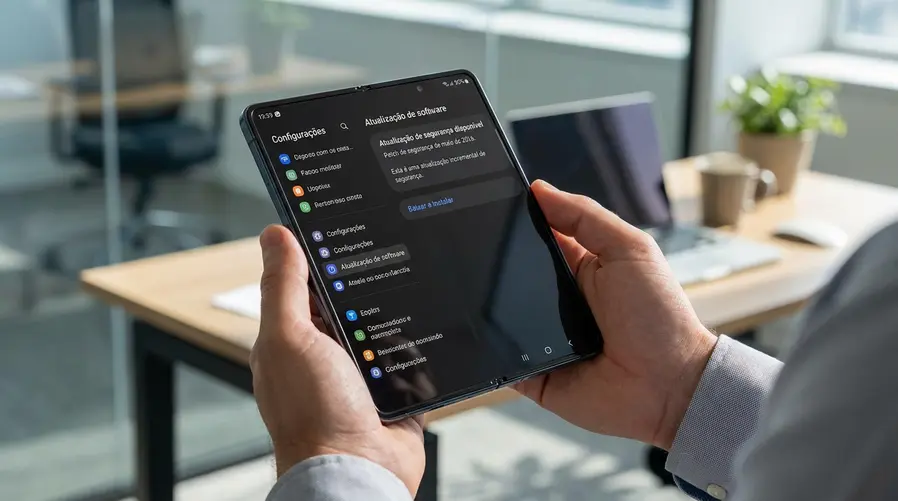 Uma captura de tela de um Galaxy Z Fold 7 ou Z Flip 7 na tela de Configurações > Atualização de software, com o aviso de atualização de segurança disponível e a data 'maio de 2026' visível, destacando que a imagem ilustra uma correção de segurança e não um novo recurso do sistema.