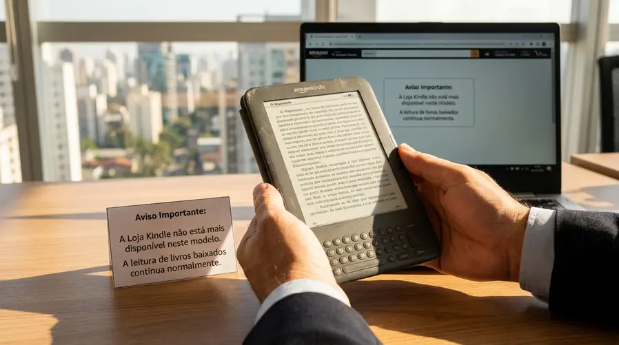 Um Kindle antigo sendo usado para ler um livro já baixado, com a tela aberta em uma página de leitura, enquanto ao lado aparece um aviso visual simples de que a loja não está mais acessível naquele modelo; a imagem deve reforçar a ideia de que ler continua, mas baixar livros novos não.