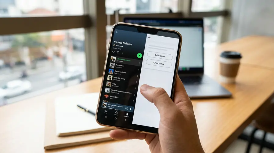 Uma tela de celular mostrando um usuário escolhendo uma faixa na biblioteca do Spotify e, ao lado, opções de IA para criar 'cover' ou 'remix', com interface simples de app e poucos botões, para reforçar a ideia de uso fácil no dia a dia.